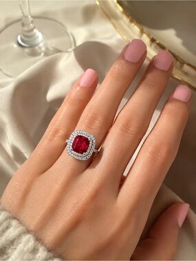 Ruby Red Halo Cocktail Ring Silver Tone Statement Ring Princess Diana Inspired
